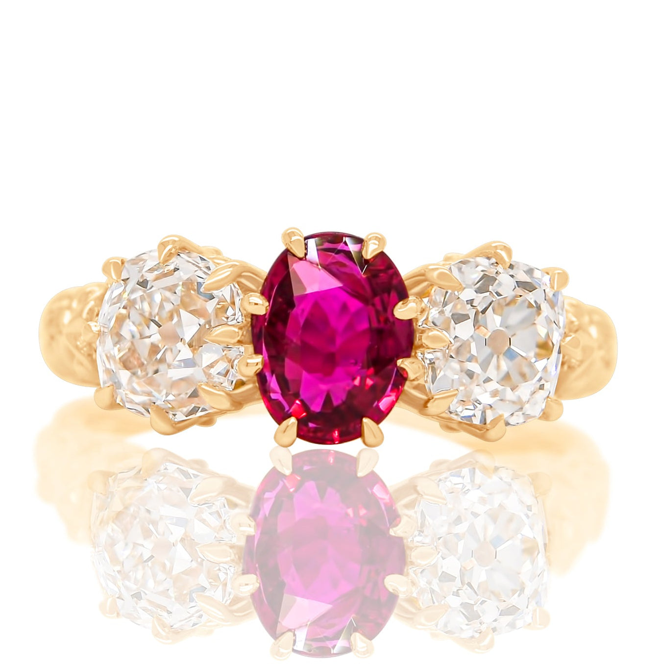 0.94 ct ruby and old mine cut diamond three stone ring