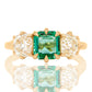 0.95 ct Colombian emerald and old mine cut diamond three stone ring