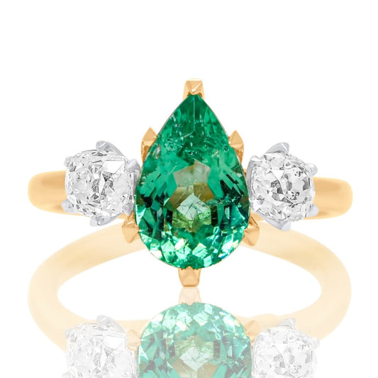 1.66 ct Colombian emerald and old mine cut diamond three stone ring