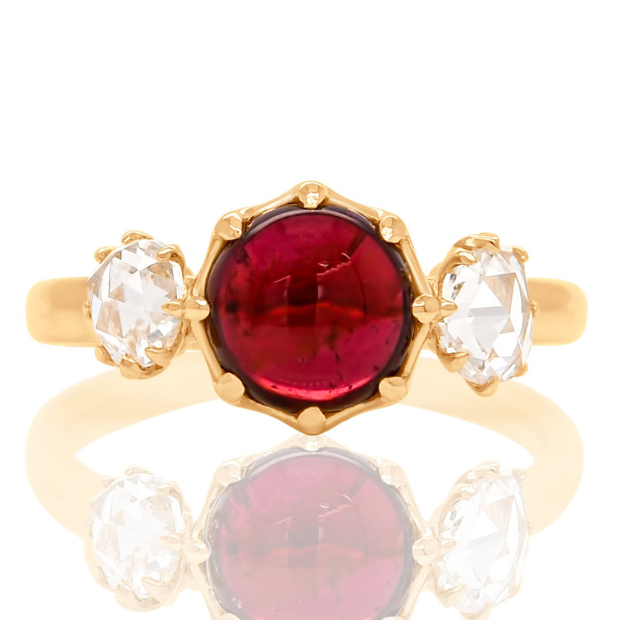 2.15 ct tourmaline cabochon and rose cut diamond three stone ring