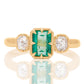 0.93 ct Colombian emerald and old mine cut diamond three stone ring