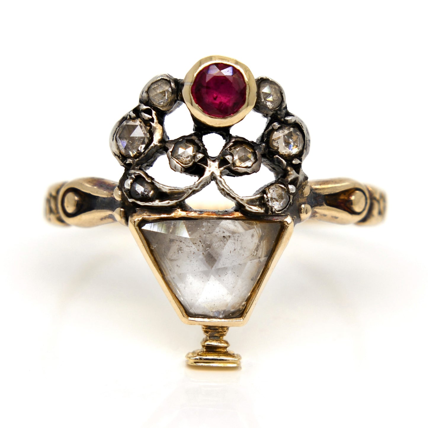 Rose cut diamond and ruby Giardinetti ring, circa 1760