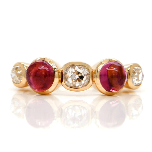 1.02 ct old mine cut diamond and tourmaline five stone ring