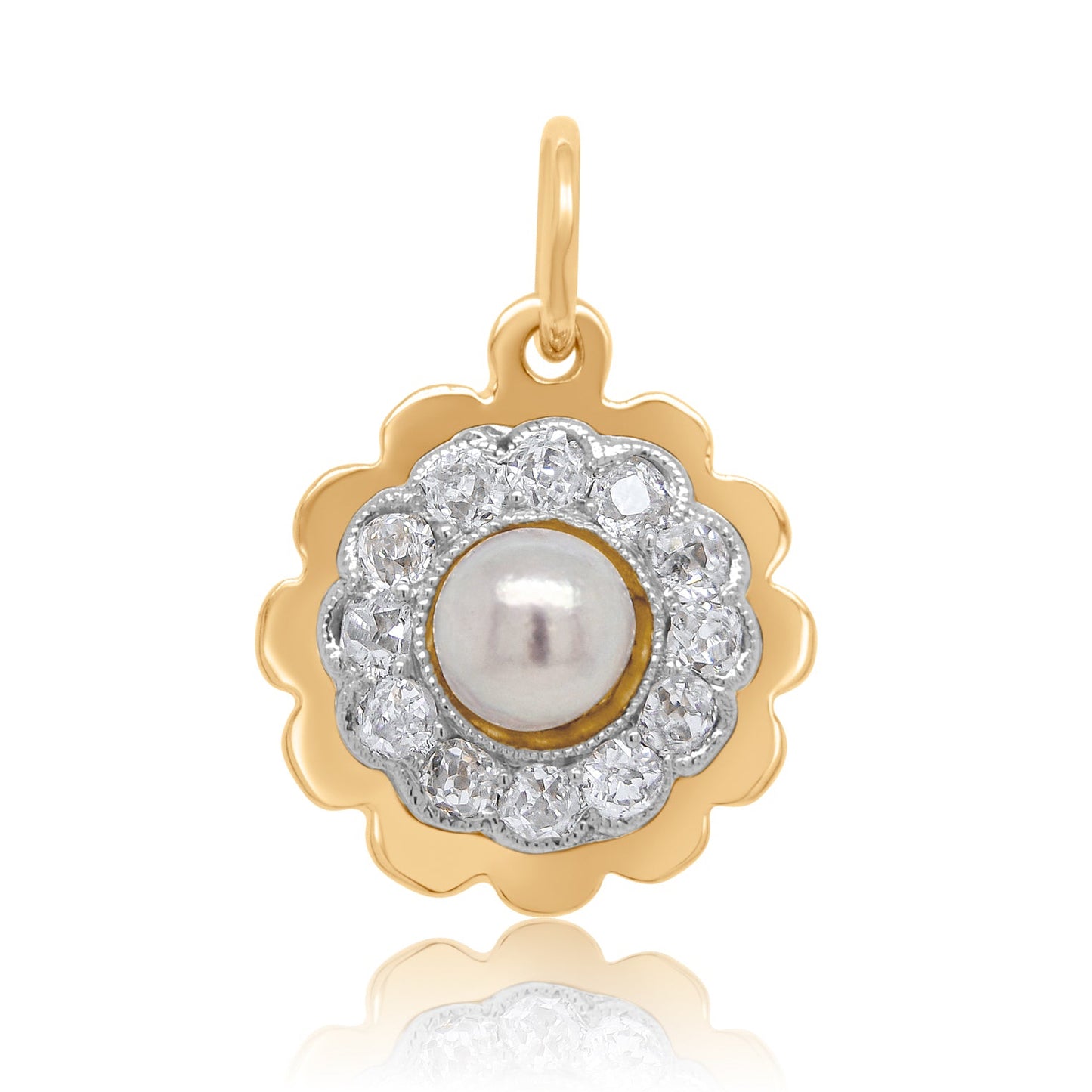 Antique natural pearl and 0.24 ct old mine cut diamond daisy pendant