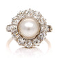 Antique Belle Époque natural pearl and 1.74 ct old European cut diamond daisy ring