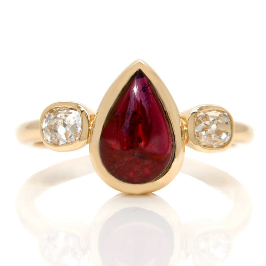 1.26 ct Tourmaline pear and old mine cut diamond three stone ring
