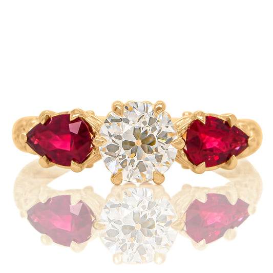 0.84 ct old European cut diamond and ruby three stone ring