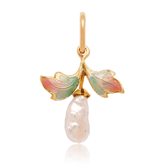 Art Nouveau freshwater pearl and enamel Gingko leaf pendant