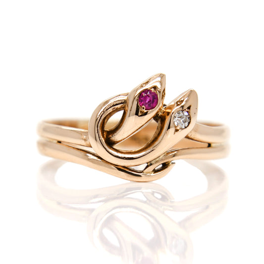 Antique ruby and old cut diamond double snake ring