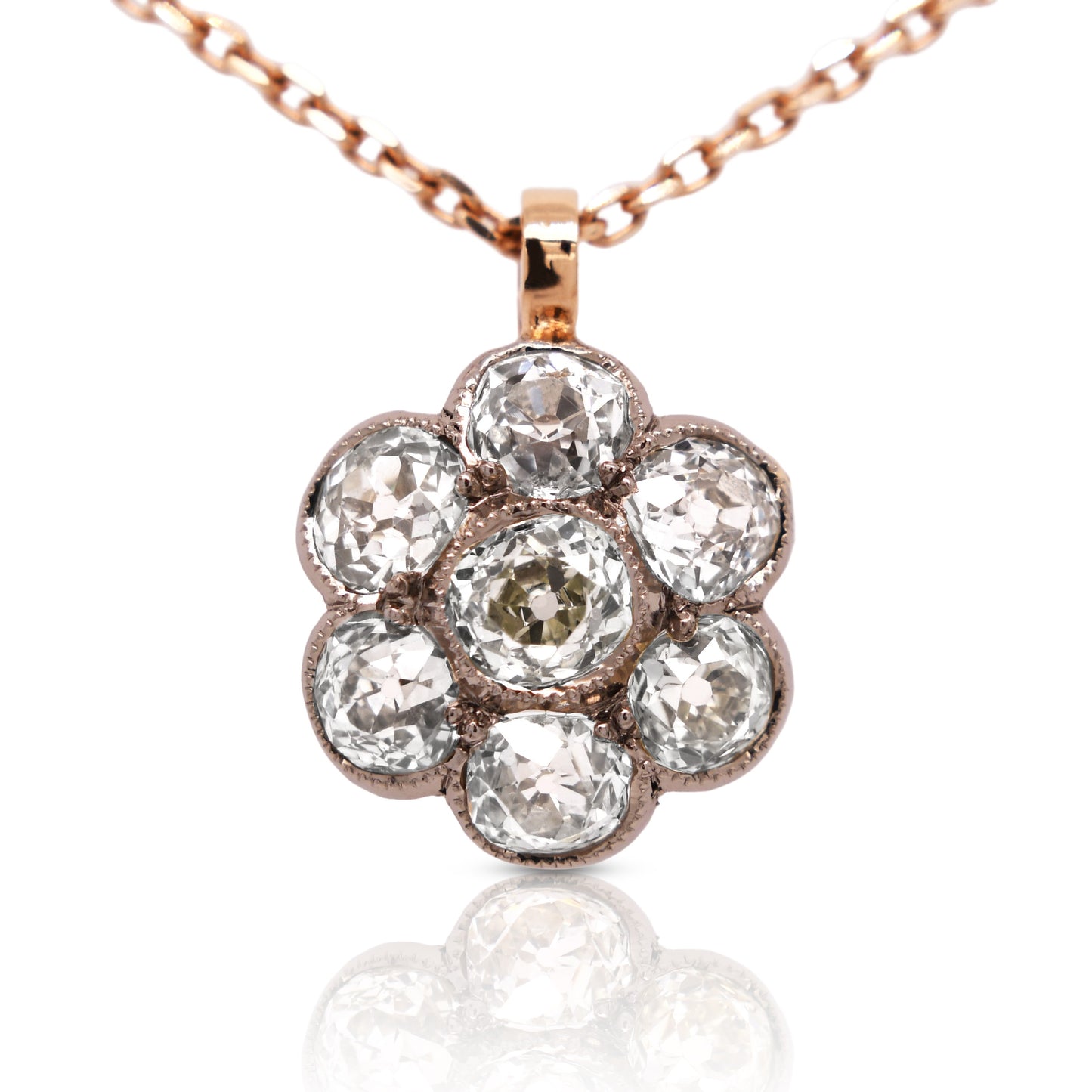 Antique 3.20 ct old mine cut diamond daisy necklace