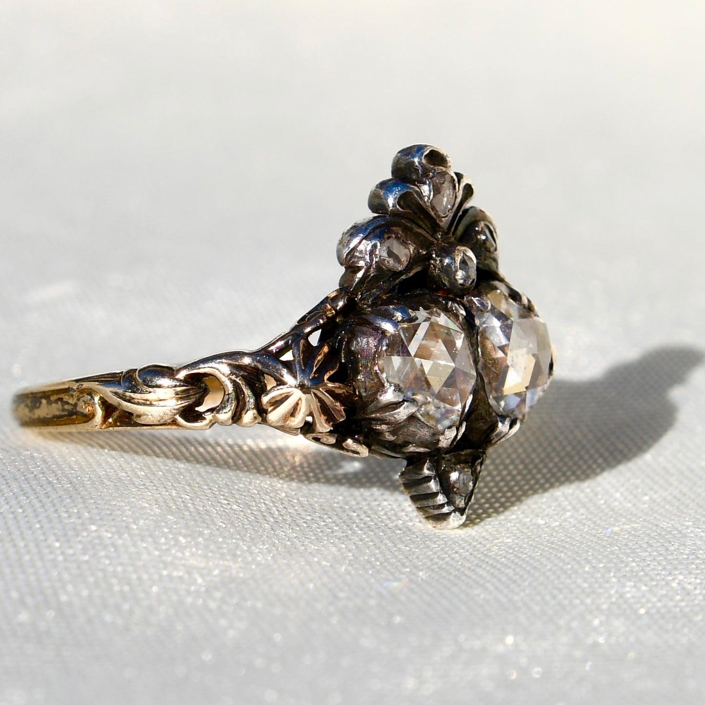 Antique Georgian rose cut diamond double heart ring, 18th century