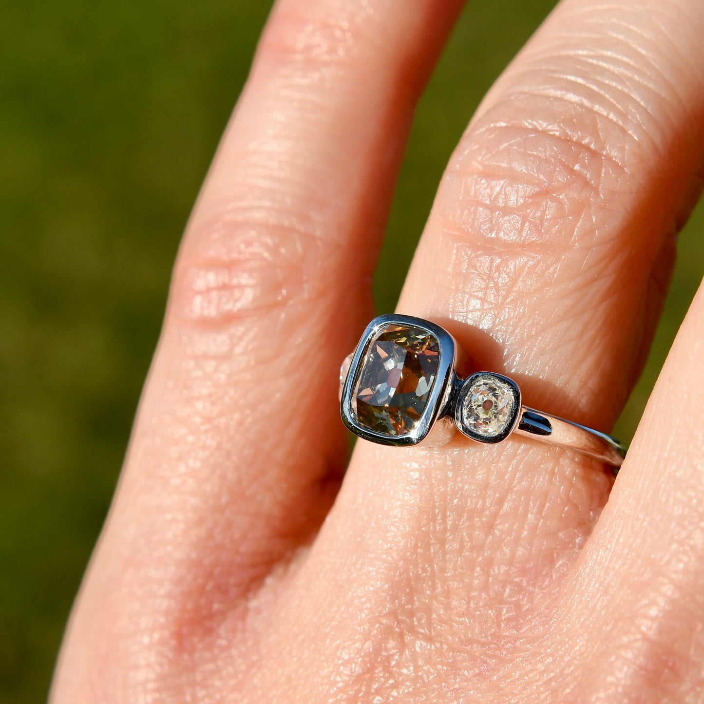 1.50 ct old mine cut diamond three stone ring