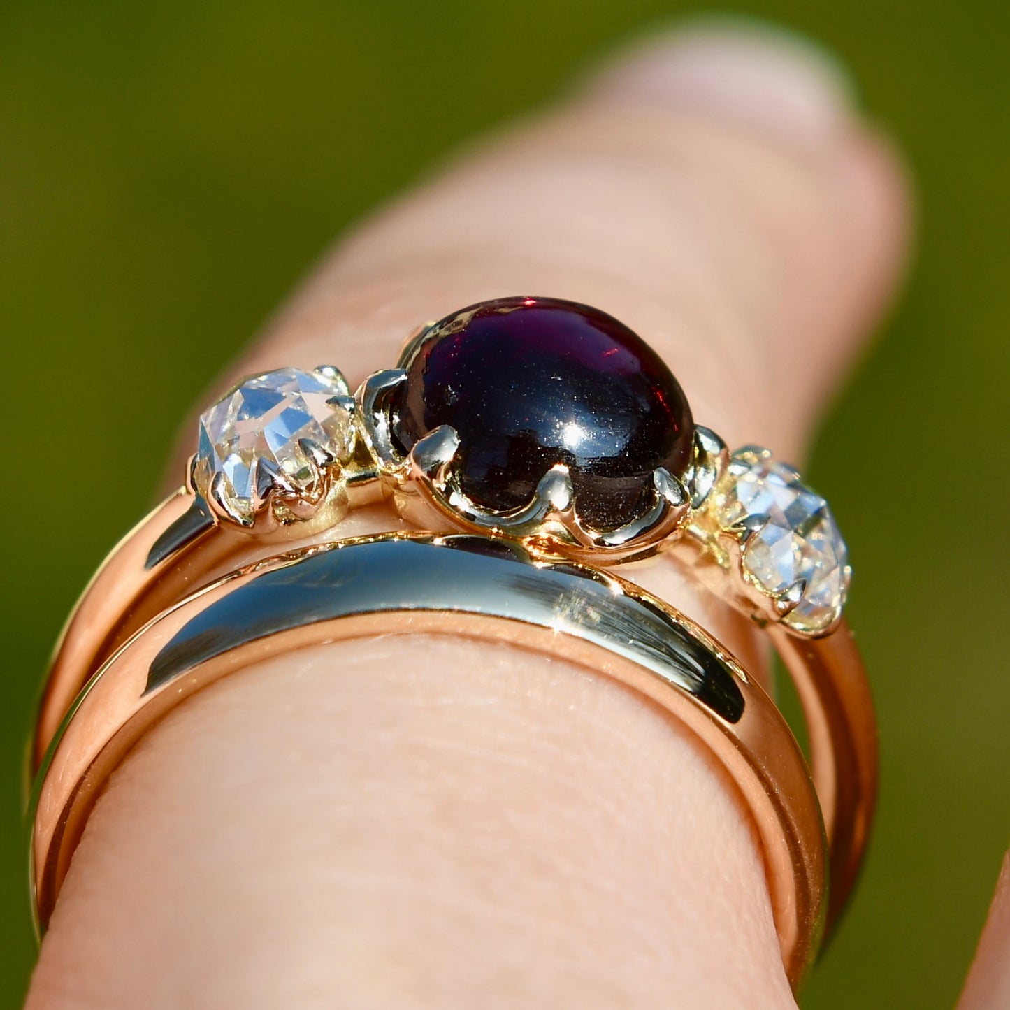 2.15 ct tourmaline cabochon and rose cut diamond three stone ring