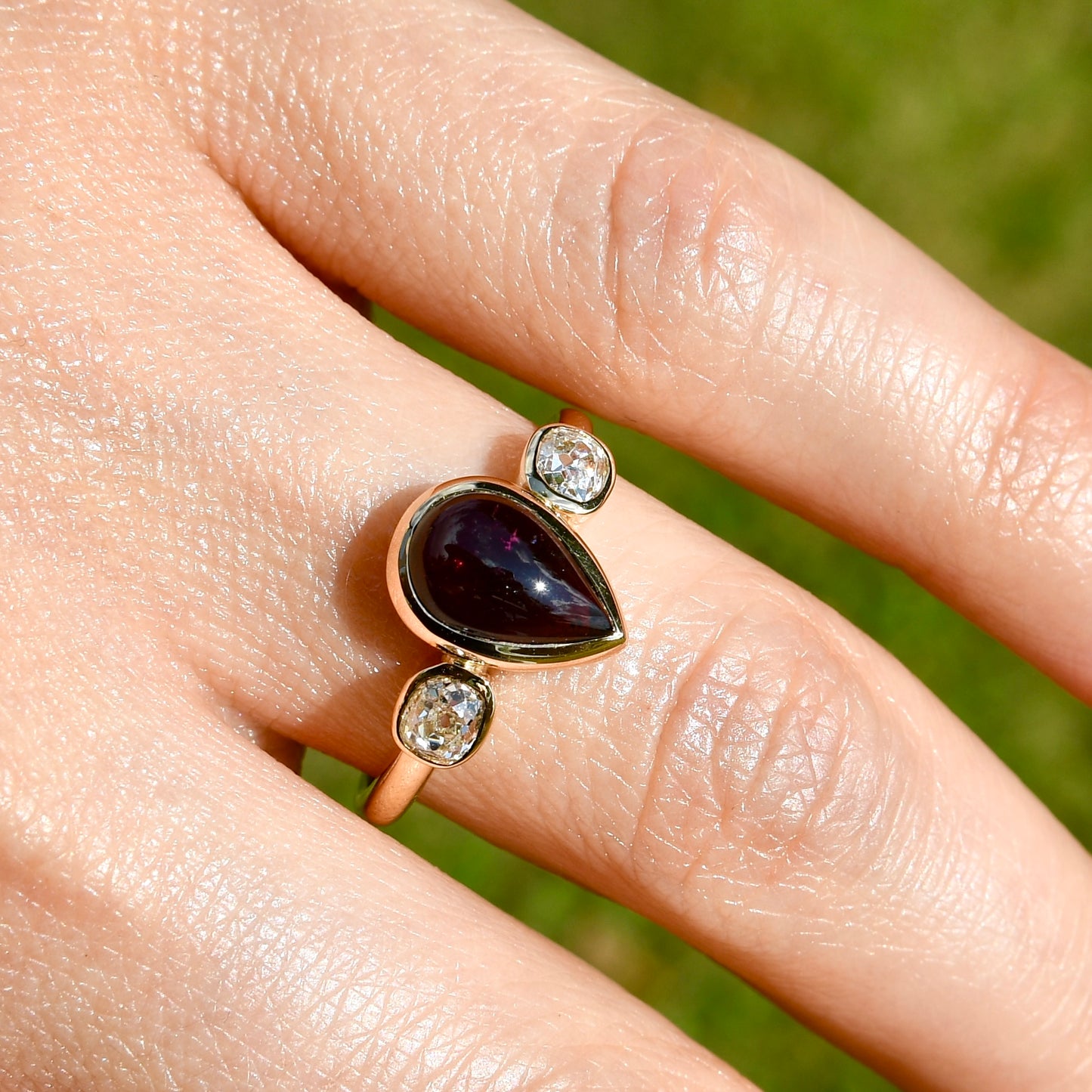 1.26 ct Tourmaline pear and old mine cut diamond three stone ring