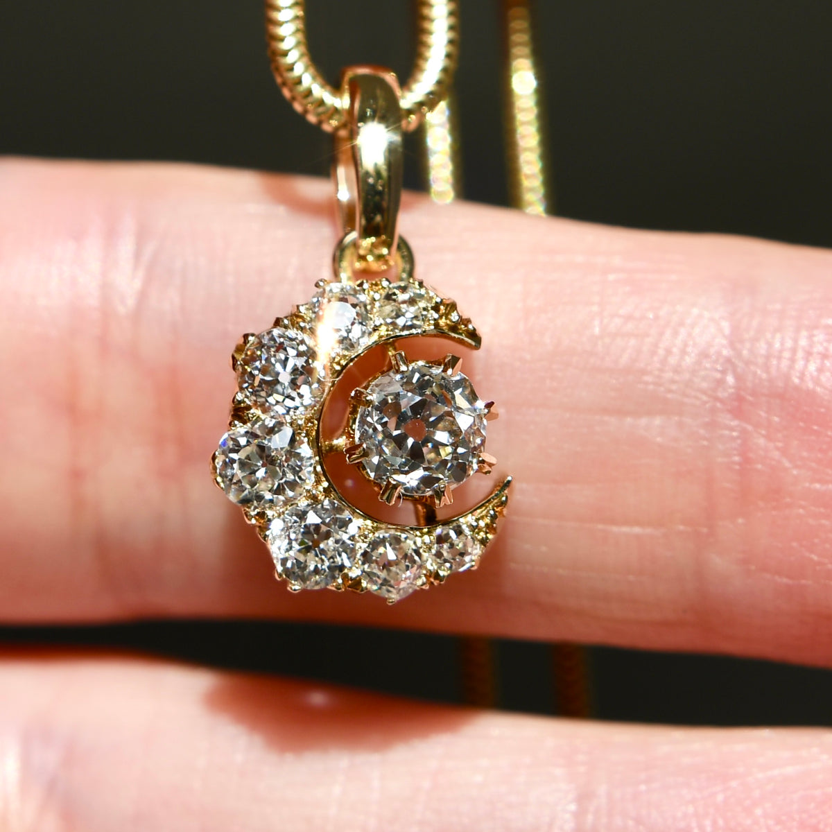 1.05 ct old mine cut diamond crescent moon pendant