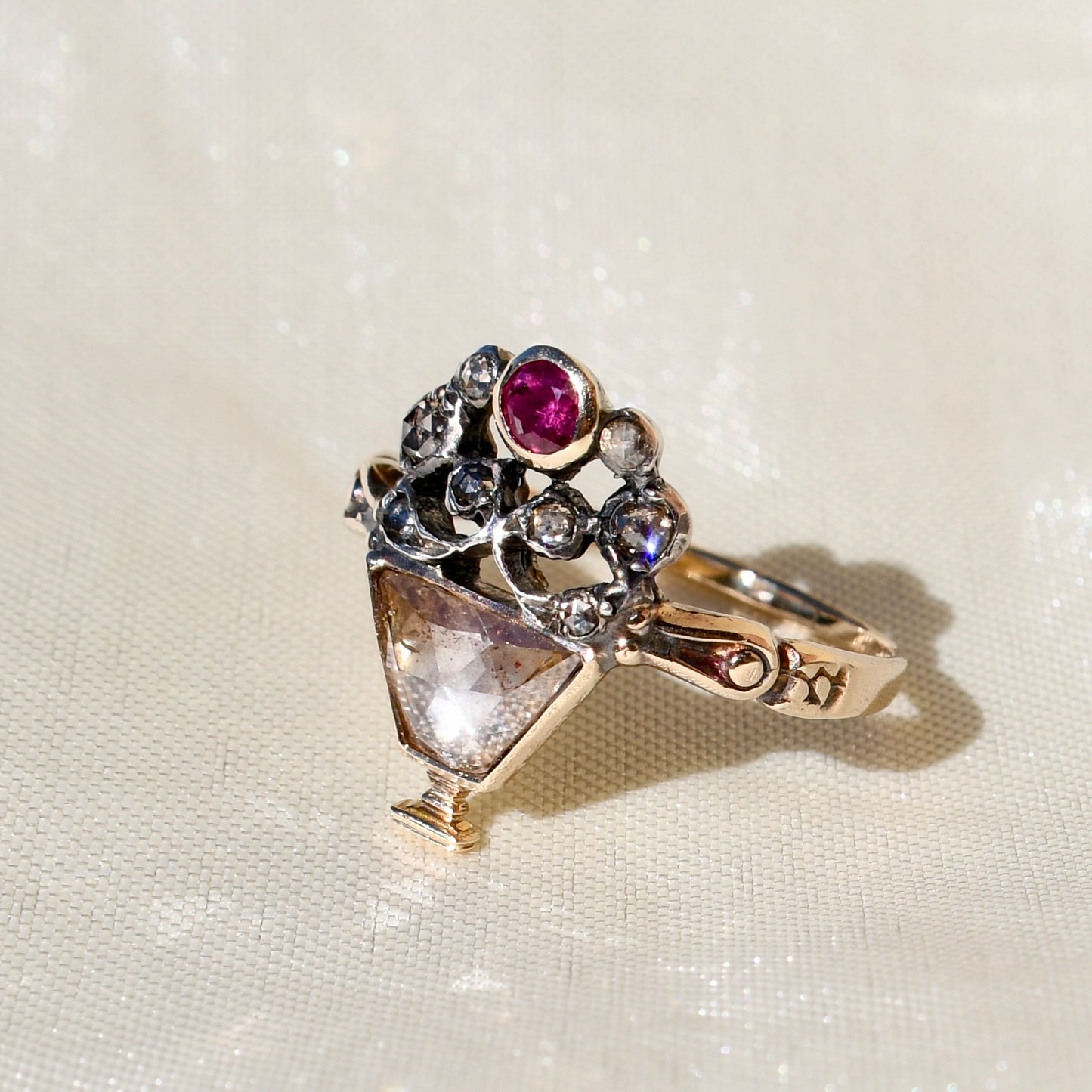 Rose cut diamond and ruby Giardinetti ring, circa 1760