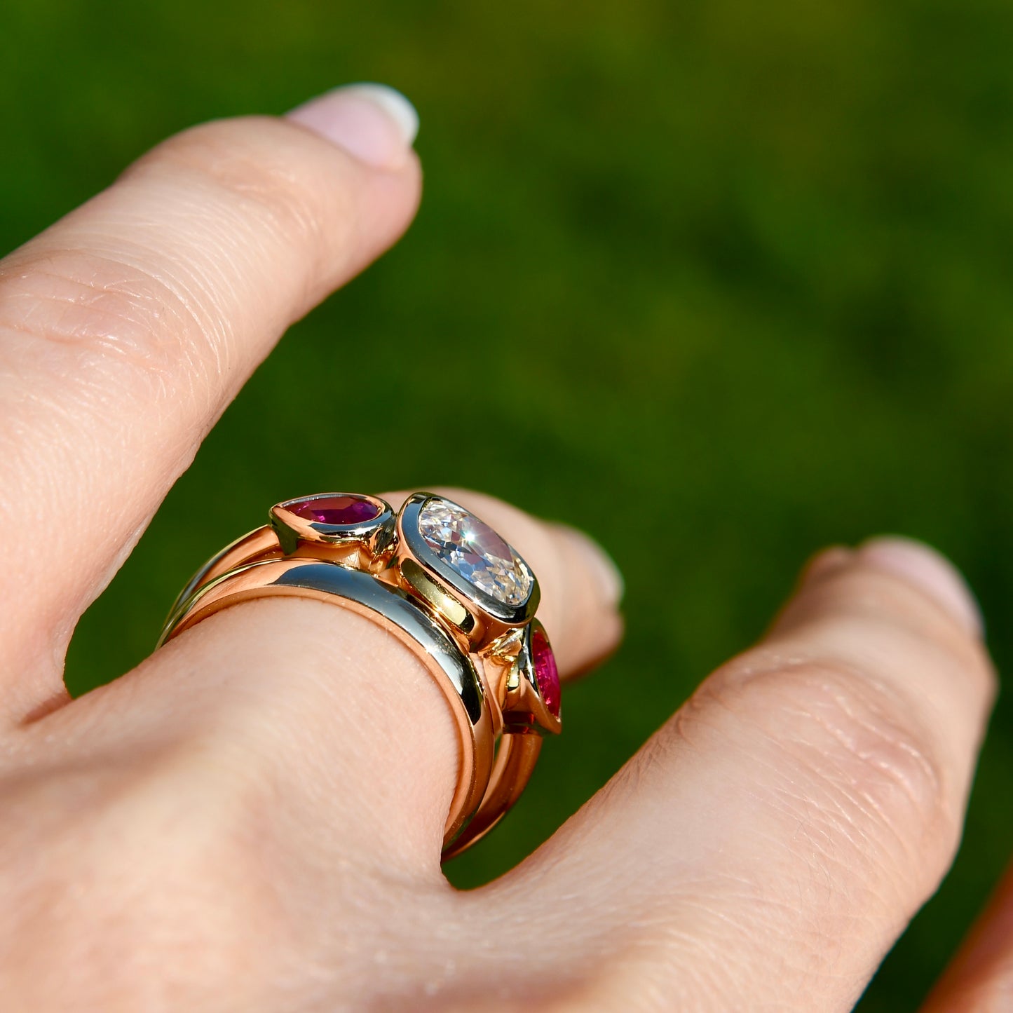 1.18 ct old mine cut diamond and ruby three stone ring