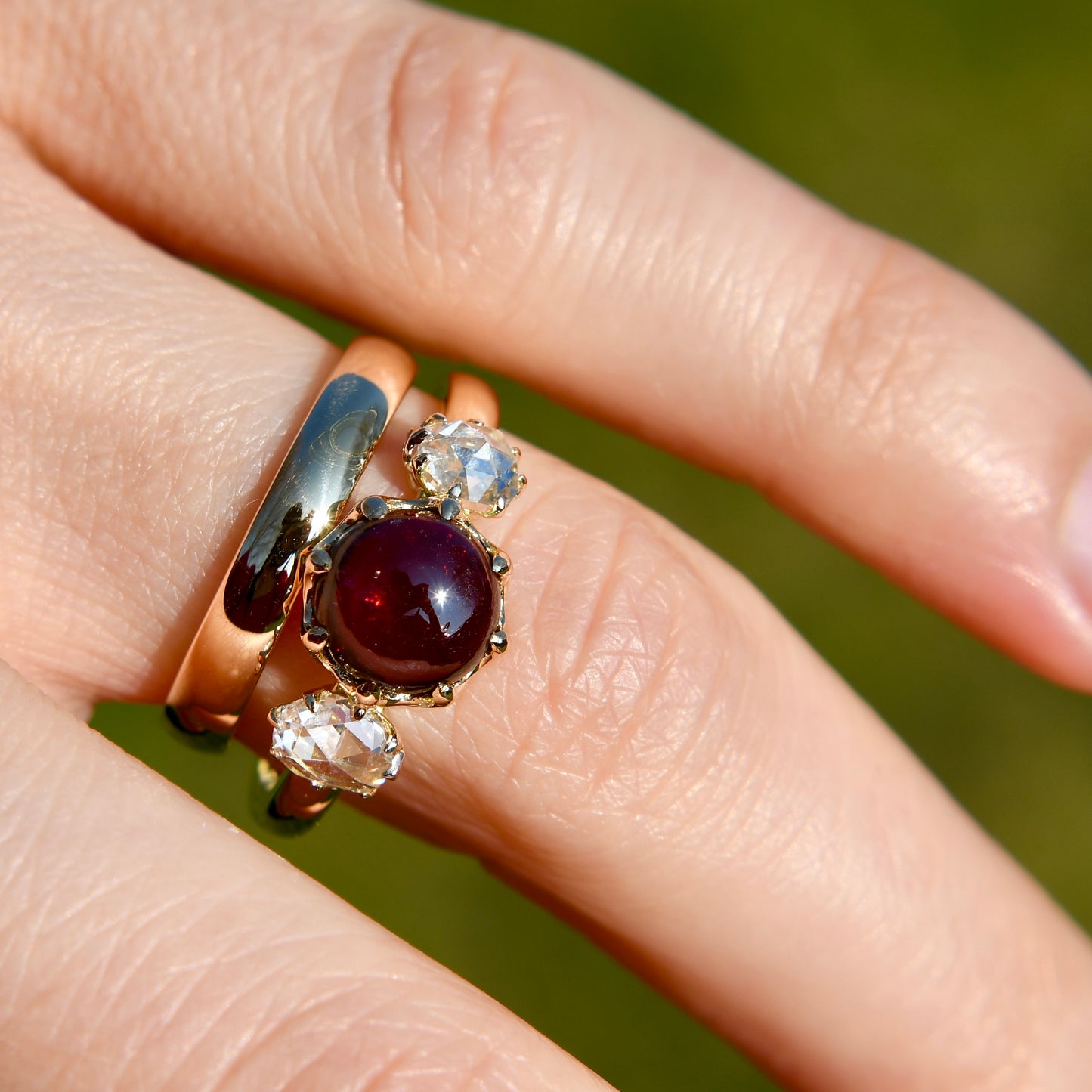 2.15 ct tourmaline cabochon and rose cut diamond three stone ring