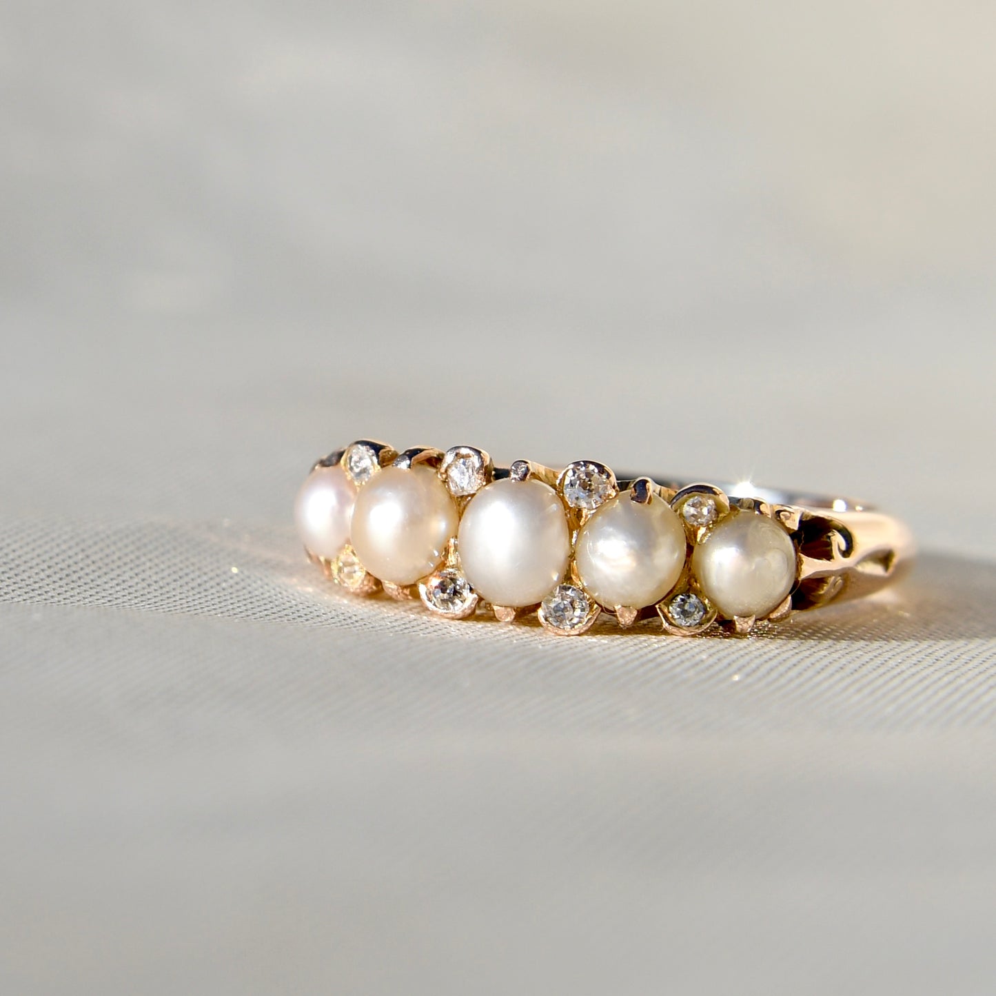 Antique natural pearl and diamond band ring