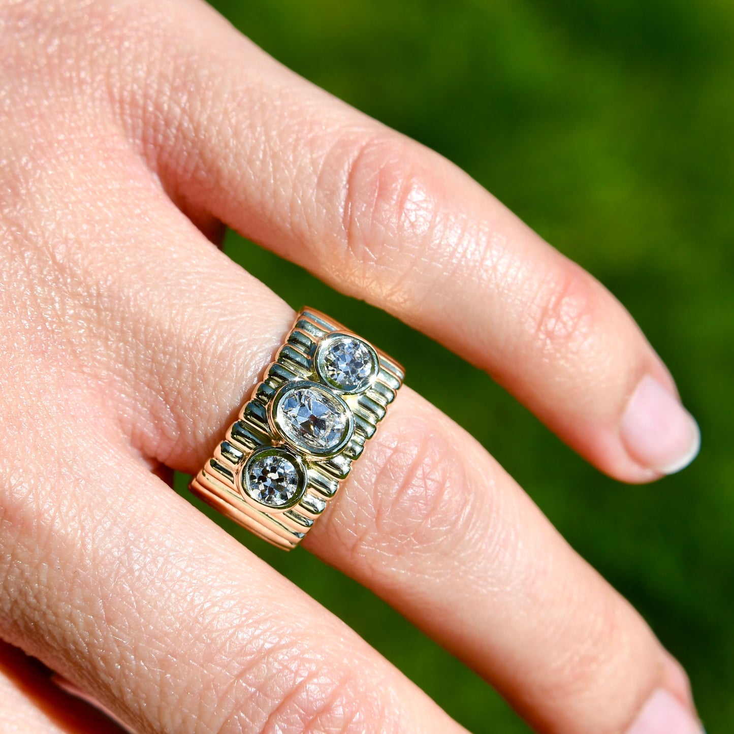 Vintage 1.22 ct elongated old mine and old European cut diamond band ring
