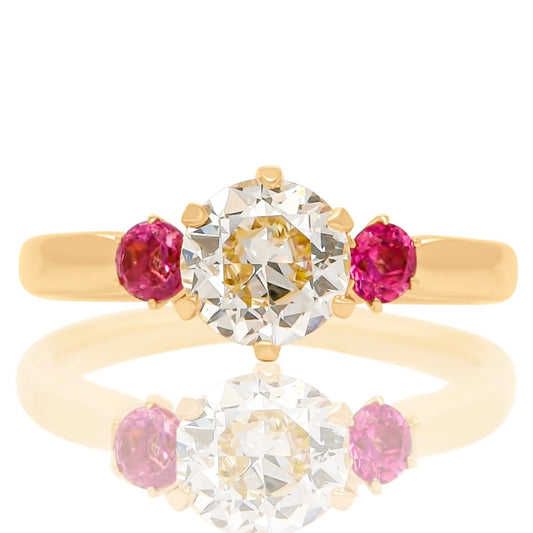 0.78 ct transitional cut diamond and spinel three stone ring