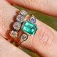 0.91 ct Colombian emerald and pear rose cut diamond three stone ring