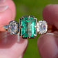 0.93 ct Colombian emerald and old mine cut diamond three stone ring