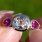 1.18 ct old mine cut diamond and ruby three stone ring