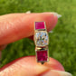 0.83 ct old mine cut diamond and ruby three stone ring