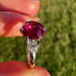 1.84 ct Burmese spinel and old mine cut diamond three stone ring